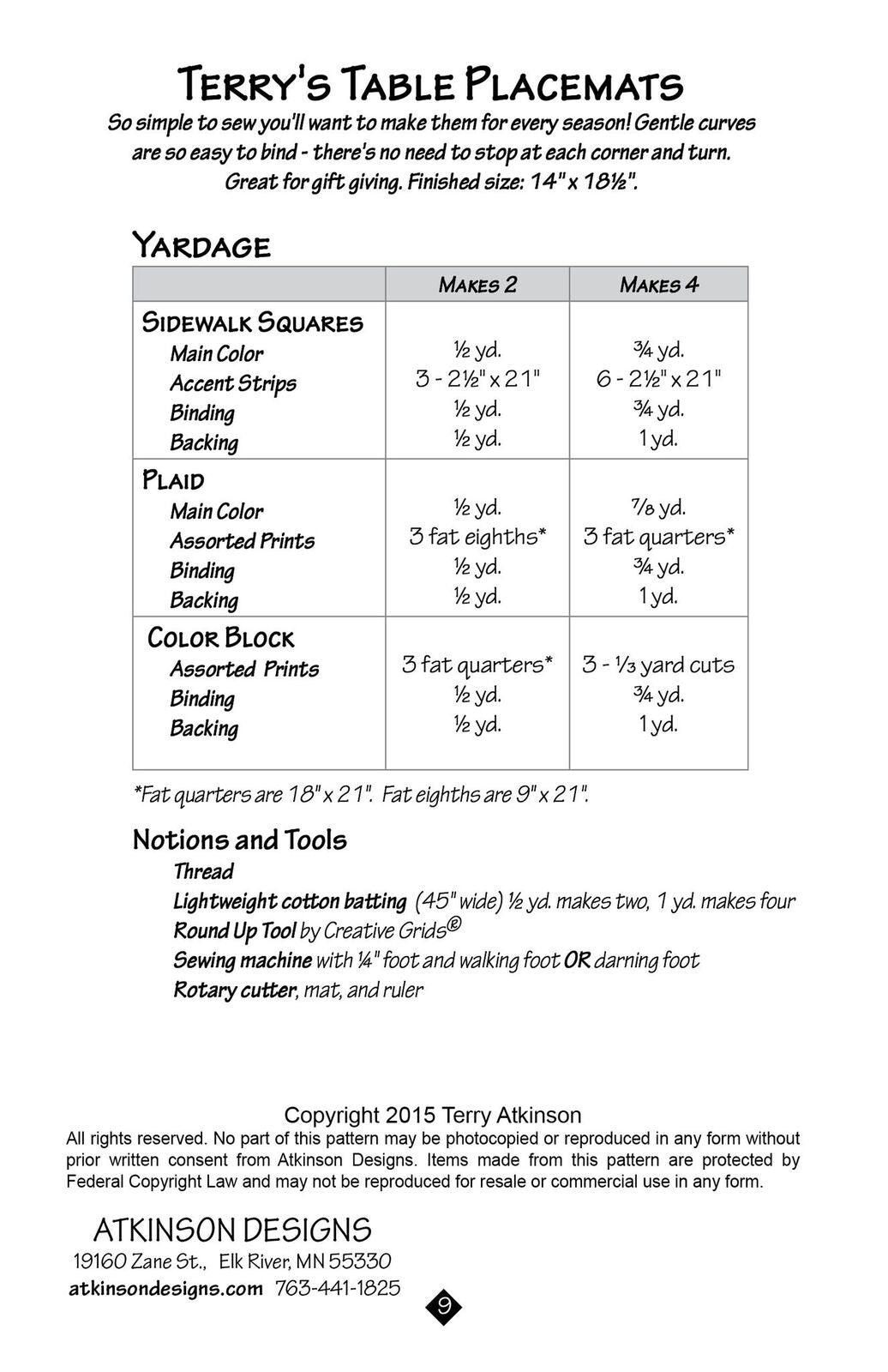 Terry's Table Placemats Pattern – Atkinson Designs